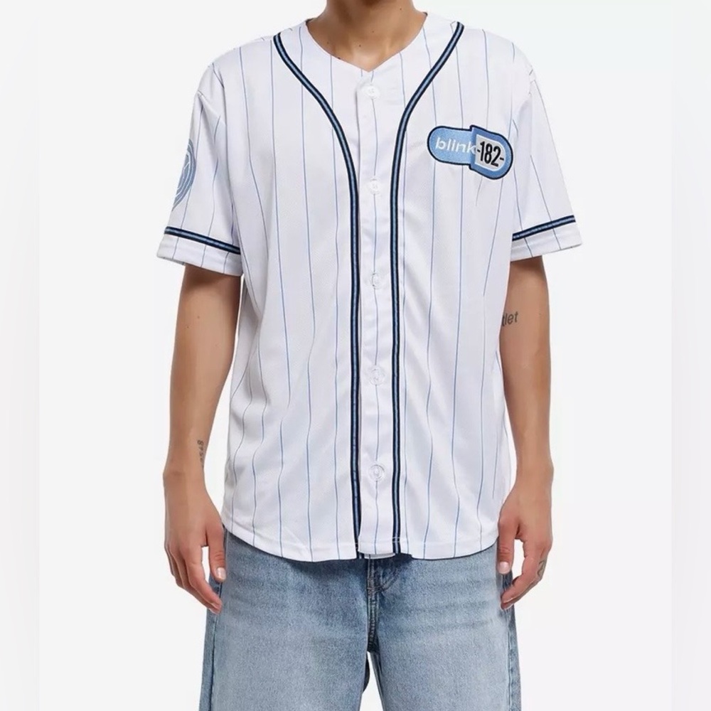 Blink-182 White Baseball-Style Jersey with Light Blue Pinstripes